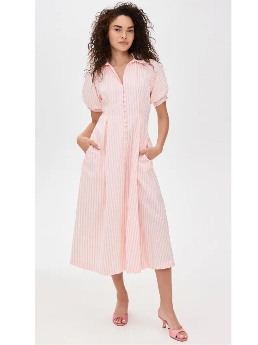 English Factory Pink and White Striped Seersucker Button-Front Midi Dress Small